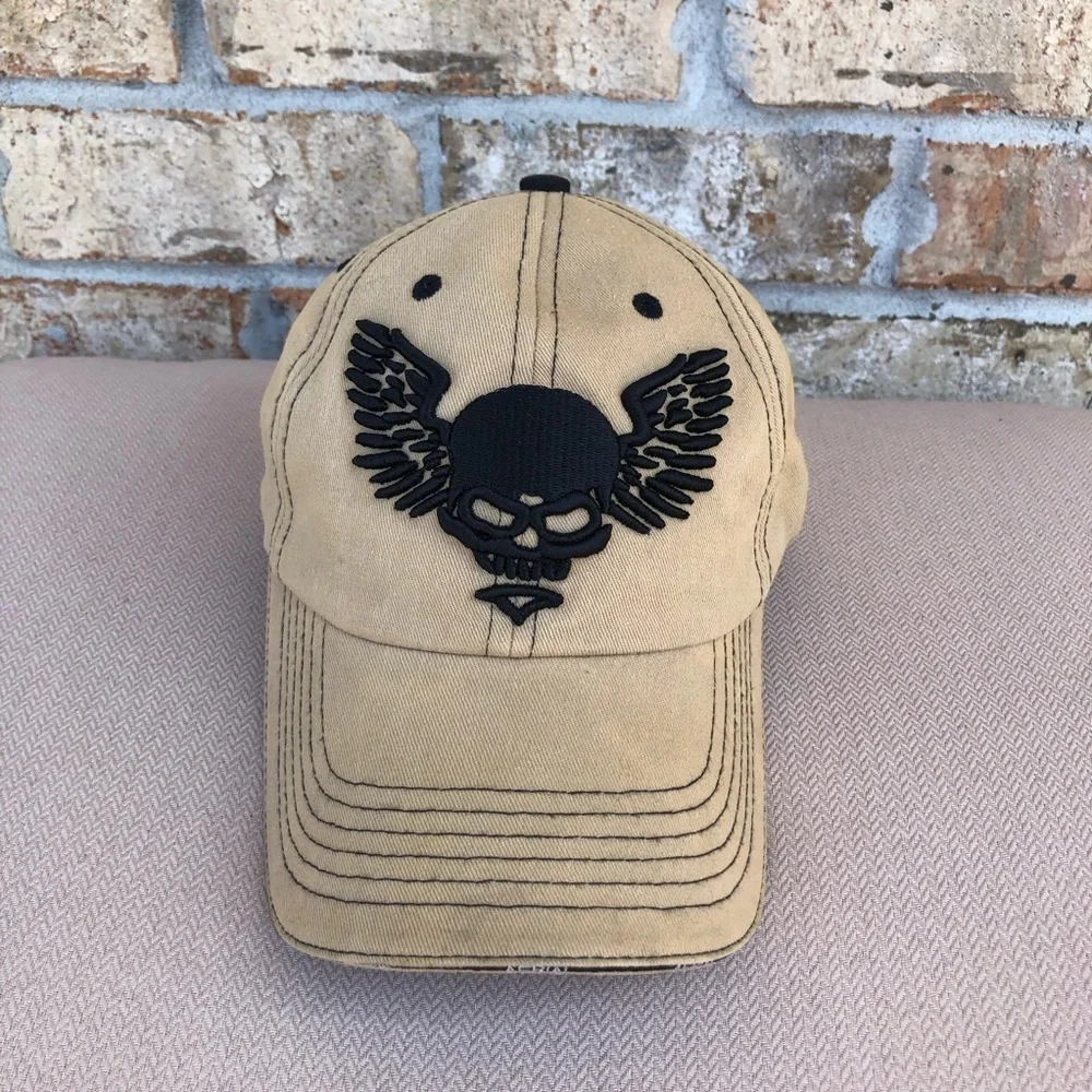 Aerial Tan Black Bold‎ Skull With Wings Adjustable Baseball Hat Cap_2